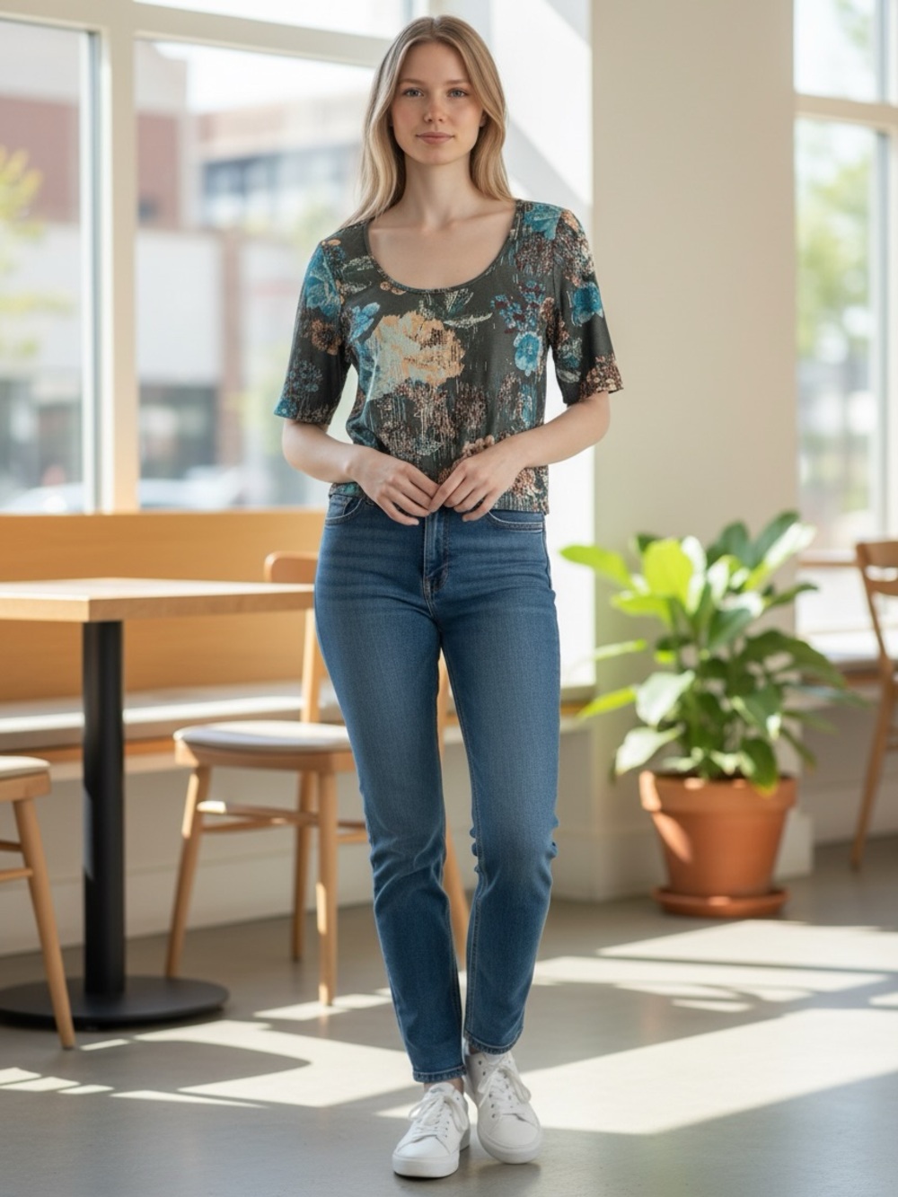 American‎ Rag Cie Crop Top Medium Floral Gray Blue Stretch Knit Scoop Neck